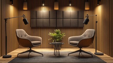 A cozy podcast studio with two chairs facing each other, each equipped with a sleek microphone and pop filter. The background has acoustic panels in neutral colors, creating a perfect setting for enga