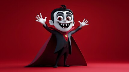 Cheerful cartoon vampire character with a cape and fangs, waving, isolated on a solid crimson red background, soft spotlight with dramatic shadows, 3D render with exaggerated features and glossy