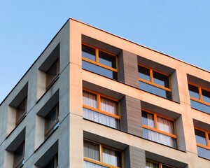 Apartments Building Towers. New building. The facade of the new residential high-rise buildings against the sky . The concept of building a typical residential neighborhood.