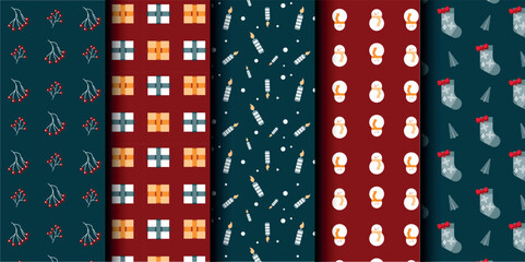 Fototapeta premium Set of Christmas vector seamless pattern. Merry Christmas and Happy New Year. Christmas symbols background. Vector red and blue seamless illustration
