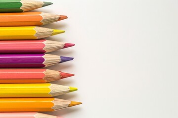Fototapeta premium Colored pencils arranged in a neat row on the left side, with the pencil tips pointing towards the center of a white background. Horizontal photo with copy space.