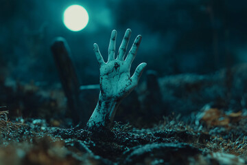Fototapeta premium decayed hand emerges from a grave reaching out into the night sky with a bright moon casting an eerie light over the scene
