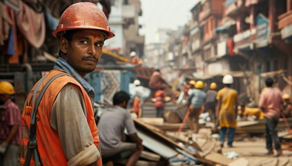Indian construction worker wearing an orange vest and helmet, standing street with a busy city background, a team working behind him. Developing country and third world improvement