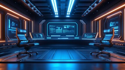 Obraz premium A futuristic podcast studio with sleek metallic chairs, glowing blue LED microphones, and an advanced control panel, set against a dark, high-tech backdrop. Perfect for tech-focused content, with plen