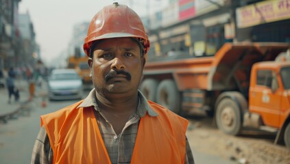 Fototapeta premium Indian construction worker wearing an orange vest and helmet, standing street with a busy city background, a team working behind him. Developing country and third world improvement
