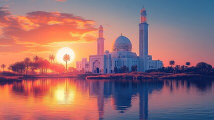 Obraz premium Illustration Of A Mosque And Mecca, Generative AI