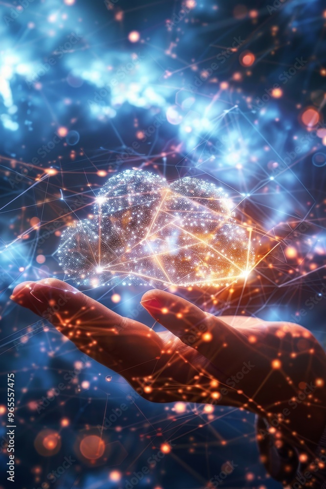 Aufkleber abstract illuminated cloud held in hand, representing digital data, cloud computing and technology