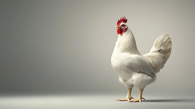 Studio shot of a white chicken standing confidently against a neutral background.