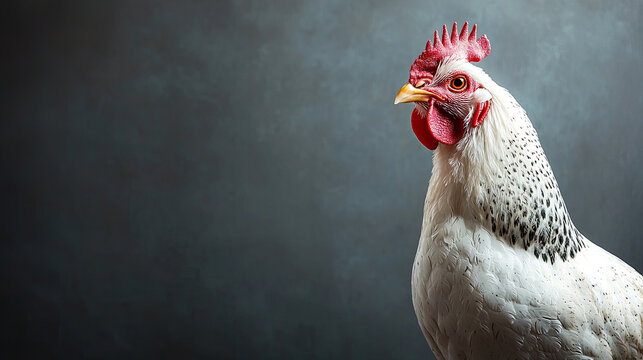 Close-up portrait of a white chicken with red comb, detailed feathers, and a dark studio background.