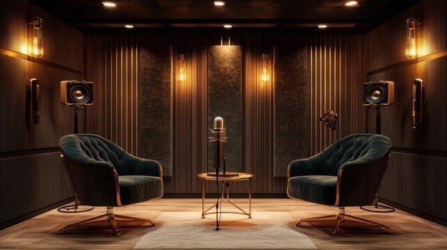 A modern podcast studio featuring plush velvet chairs, retro-style microphones, and warm dimmed lighting. Gold accents create a luxurious, inviting atmosphere, perfect for professional recording sessi