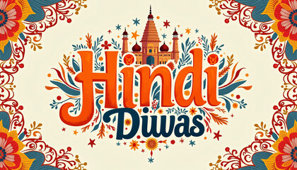 Hindi Diwas Typography Art with Cultural Patterns and Indian Monuments