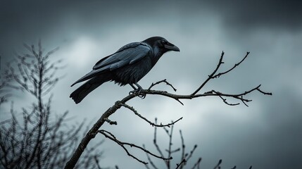 A black raven perched on a bare tree branch against a cloudy gray sky, symbolizing mystery and wisdom.