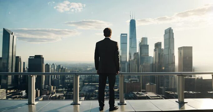 Successful Businessman in Sleek Suit Overlooking City from High-Rise Skyscraper. Business Concept.