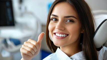 photograph of Satisfied woman patient showing her perfect smile and gesturing thumb up after treatment, sitting in dentist clinic