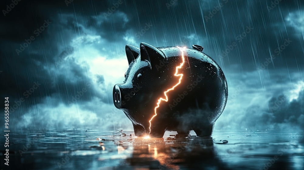 Sticker A dramatic image of lightning striking a piggy bank, splitting it in half, with dark storm clouds in the background, symbolizing financial crises