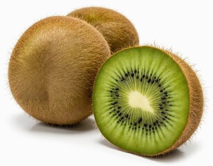 Fototapeta premium Two whole and sliced kiwis, with a light brown skin and dark green interior, are displayed against a white background, with one slice partially visible and the other partially cut