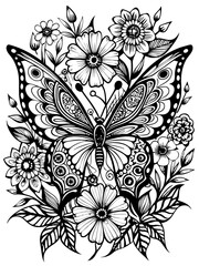 Doodles design Hand drawn butterfy and flowers. Sketch for anti-stress adult coloring book in zen-tangle style