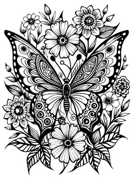 Doodles design Hand drawn butterfy and flowers. Sketch for anti-stress adult coloring book in zen-tangle style
