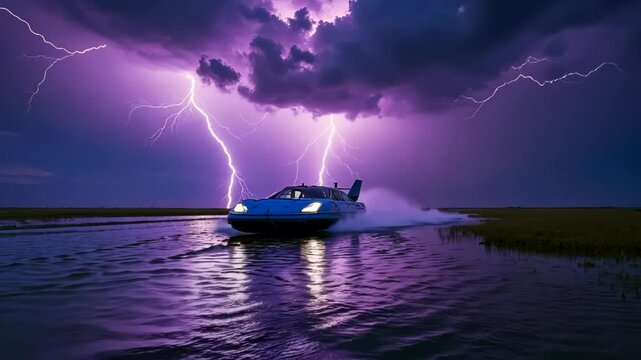 Expansive marsh under stormy night sky. Vibrant purple lightning illuminates dark clouds. Blue hovercraft glides across rippling water. Moody atmosphere with electric energy. 