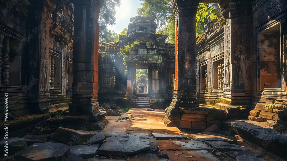Poster stone corridor within an ancient temple, showcasing the intricate architecture and the passageway le