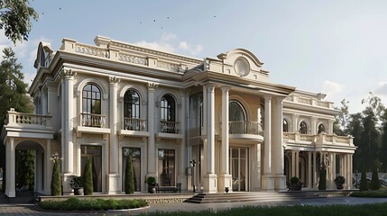Fototapeta premium Classical mansion with a grand exterior, featuring white columns, balconies, and a symmetrical design. The house is set against a backdrop of lush greenery and a bright blue sky.