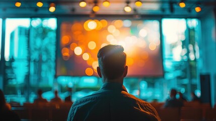 A person watching a presentation in a modern auditorium, surrounded by soft lighting and vibrant visuals on the screen.