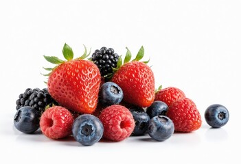 Obraz premium A pyramid of fresh strawberries and blueberries, with vibrant red and dark blue hues, is arranged against a white background, creating a visually appealing and balanced composition