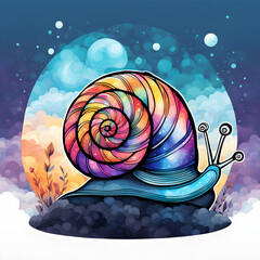 Watercolor snail, beautiful iridescent snail with fantasy aura, modern sticker design, minimalist print design. Generated AI