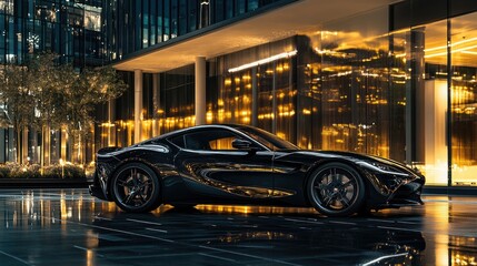 A sleek black sports car parked in front of a modern building, reflecting the city lights at night