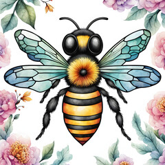 Watercolor bee closeup art decor, fantasy, dreamy design, colorful insect sticker, nursery. Generated AI