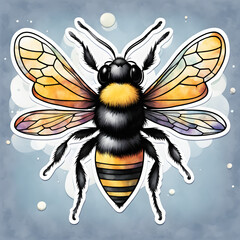 Watercolor bee closeup art decor, fantasy, dreamy design, colorful insect sticker, nursery. Generated AI

