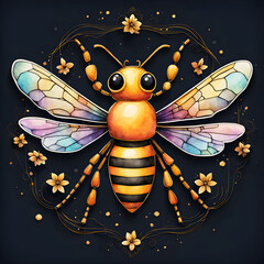 Watercolor bee closeup art decor, fantasy, dreamy design, colorful insect sticker, nursery. Generated AI
