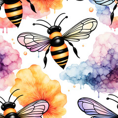 Watercolor bee closeup art decor, fantasy, dreamy design, colorful insect sticker, nursery. Generated AI
