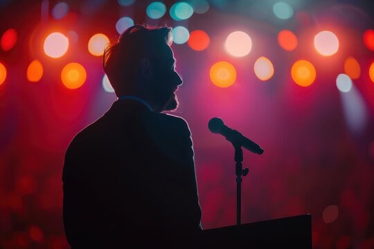Silhouette of a speaker at a vibrant event, highlighted by colorful stage lights, capturing the essence of public speaking.