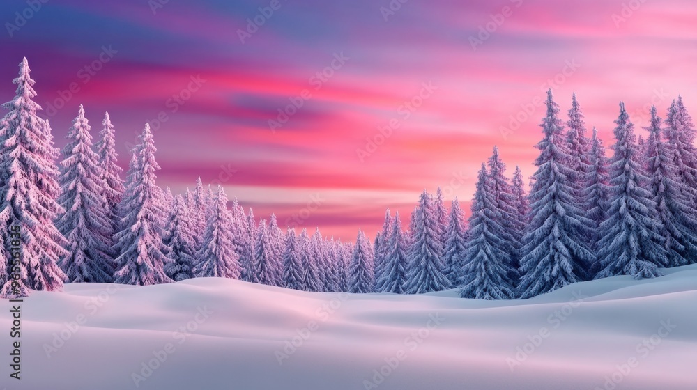 Poster a snowy forest with trees in the foreground and a pink sky, ai