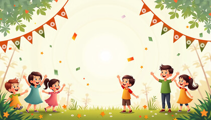 Hindi Diwas Design with Tricolor Banners and Children Celebrating