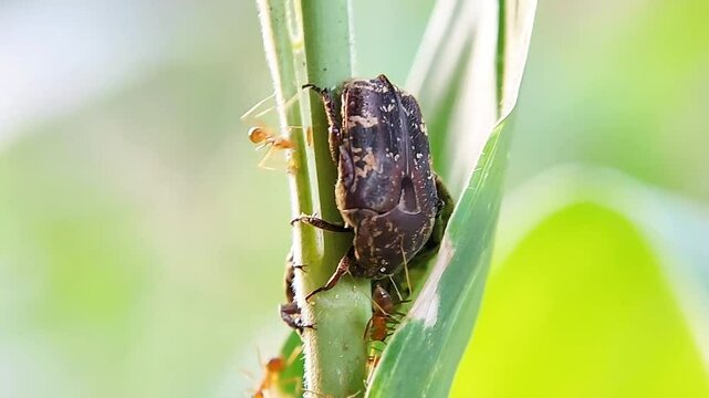 High quality footage of scarab and Protaetia brevitarsis seulensis (Kolbe). Sticks to corn trees.