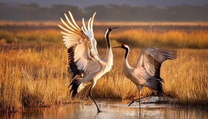 Fototapeta premium A pair of elegant cranes dancing together in a wetland.