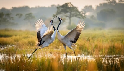 Fototapeta premium A pair of elegant cranes dancing together in a wetland.