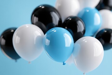 3d design of a cyber monday advertisement in white cursive letters, showcasing blue and black balloons on a pristine background