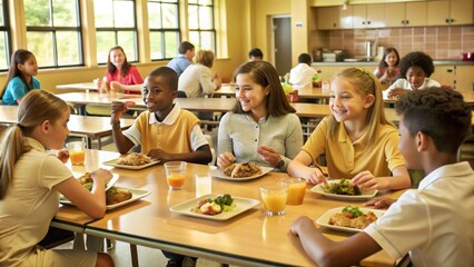 Lively school cafeteria scene with students enjoying lunch in a friendly atmosphere