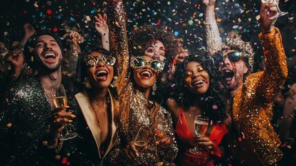 A vibrant group of friends celebrates the arrival of 2025 with confetti, champagne, and stylish metallic outfits at a lively New Year's party