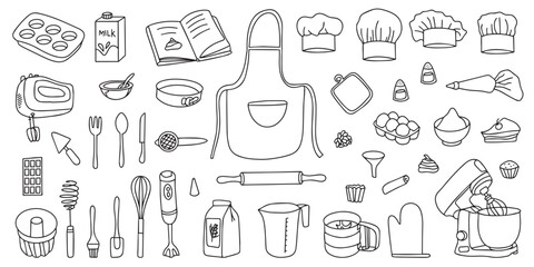  Collection of baking accessories. Set of kitchen utensils in doodle style on a white background. Vector 