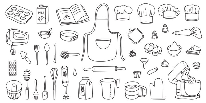  Collection of baking accessories. Set of kitchen utensils in doodle style on a white background. Vector 