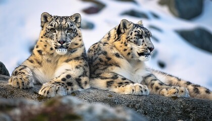 A couple of snow leopards resting close together in a rocky mountain.