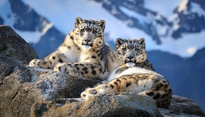 Fototapeta premium A couple of snow leopards resting close together in a rocky mountain.