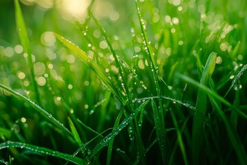 A close-up view of fresh green grass with dew drops on them, soft beautiful morning light 