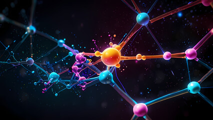 abstract background of interconnected molecules in vibrant, neon colors, with particles floating in a dark space 