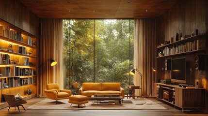 Podcast studio with a welcoming vibe, armchairs in earth tones, soft yellow lighting, vintage microphones, and shelves of books for a relaxed discussion setting
