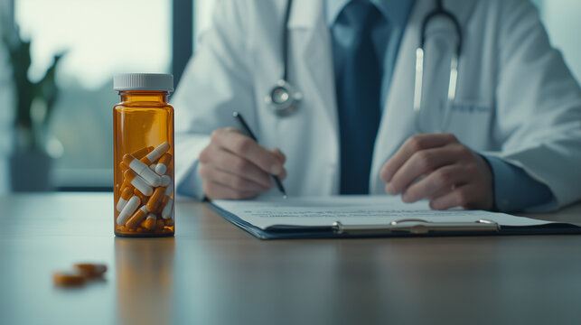 A doctor sitting at a desk with a hidden stash of fake prescription bottles and fraudulent documents, hinting at medical malpractice. photo